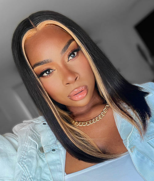 Straight Center Part Long Bob 1B with Blonde Front Highlight Wig